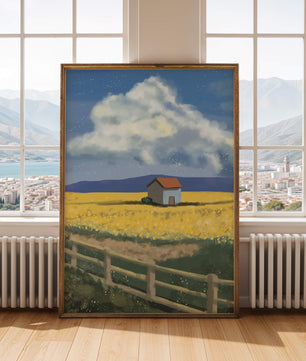 Idyllic rural scene with house and yellow field under blue sky