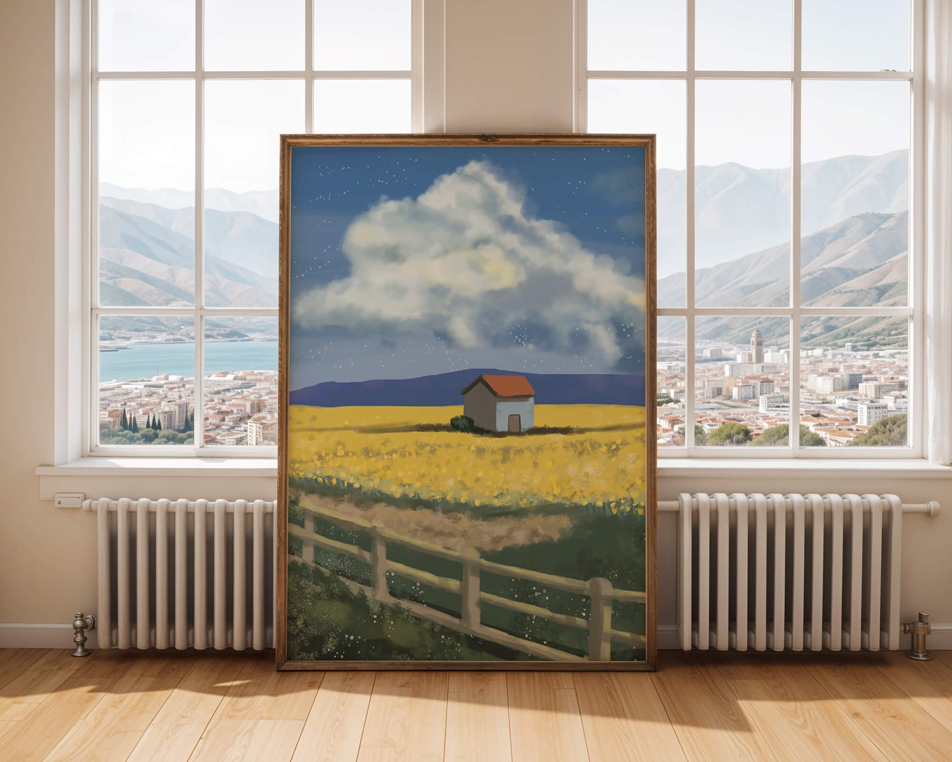 Idyllic rural scene with house and yellow field under blue sky