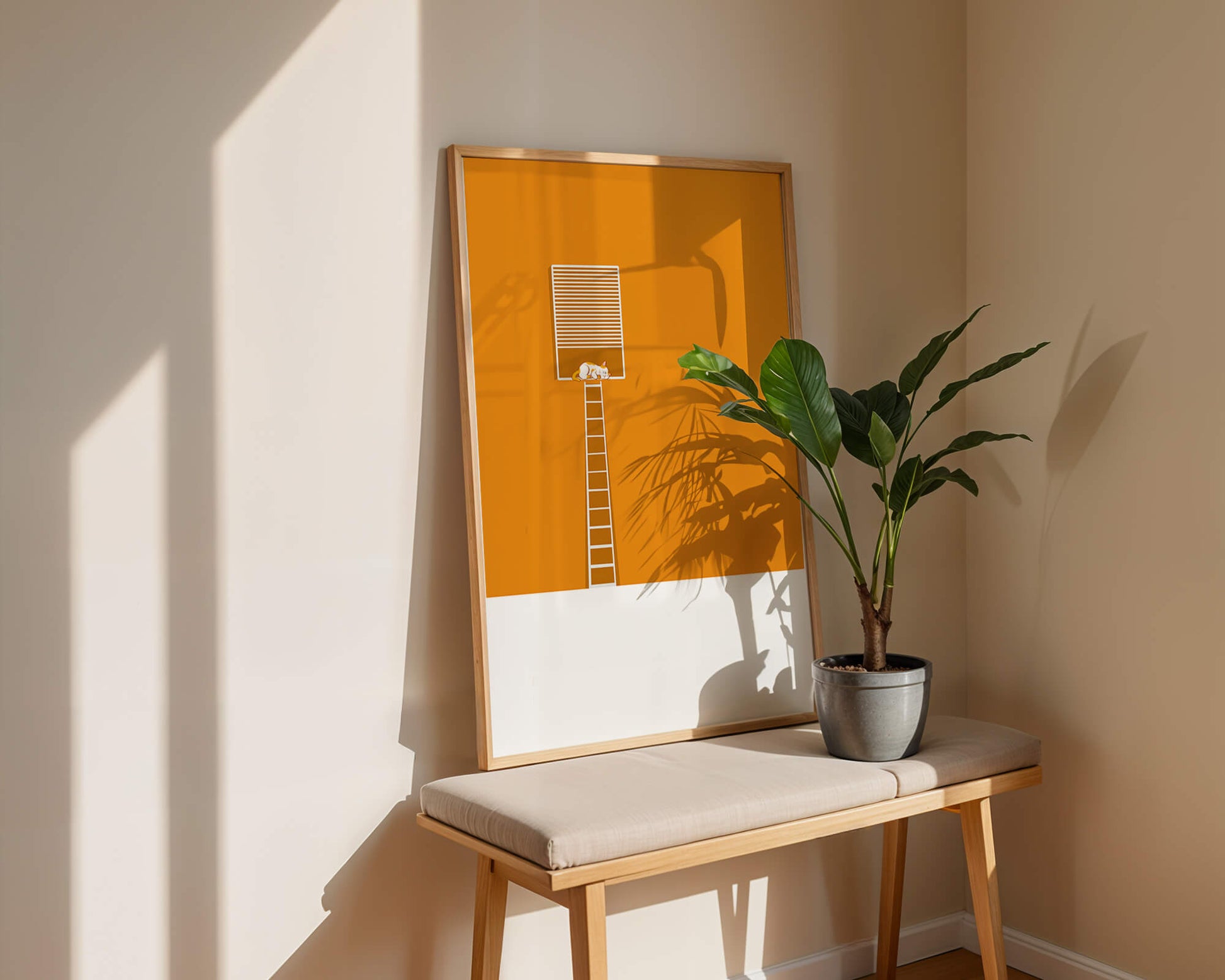 Cat Sleeping on Elevated Platform Against Orange Background