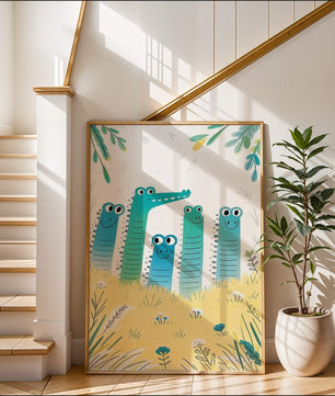 Illustration of Happy Cartoon Crocodiles in a Colorful Meadow - Mi tienda