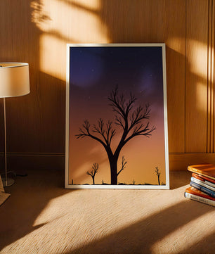 Silhouette Of Tree Against Stunning Sunset Sky With Stars