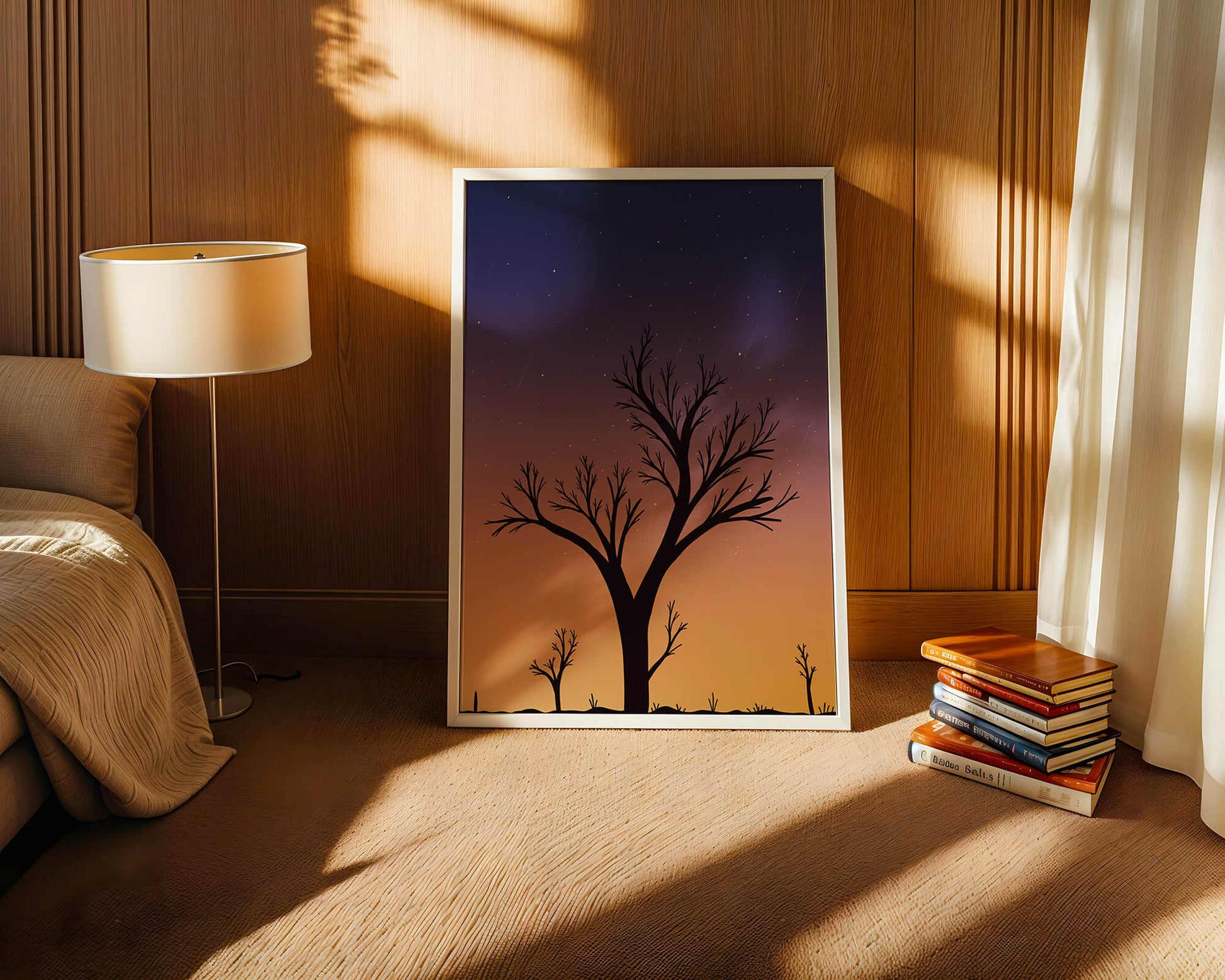 Silhouette Of Tree Against Stunning Sunset Sky With Stars