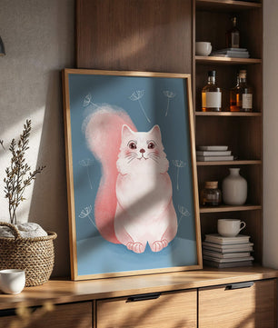 Whimsical Cat Illustration with Dandelions on Blue Background - Mi tienda
