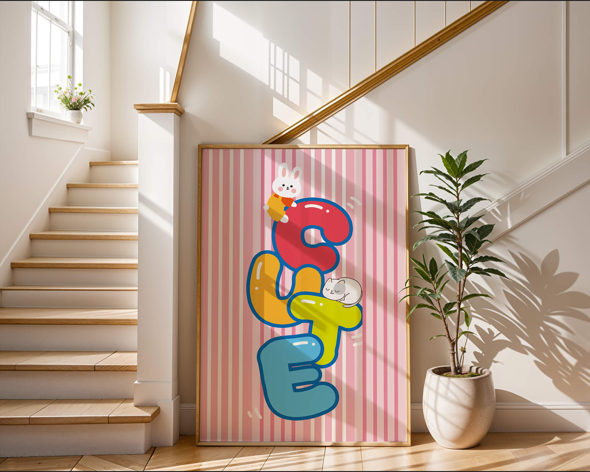 Playful cute illustration with bunny and kitten on colorful letters