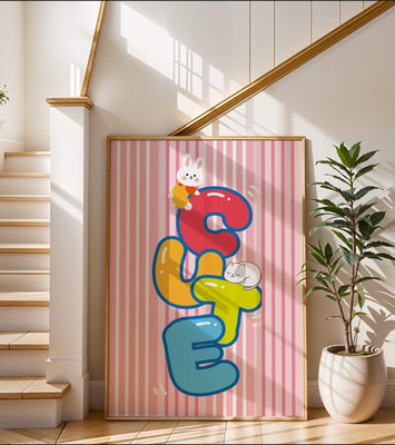 Playful cute illustration with bunny and kitten on colorful letters