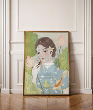 Elegant Woman in Traditional Dress with Lotus and Koi Fish - Mi tienda