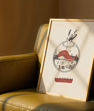 Ilustración de una ballena dentro de una pecera con una regla rosa