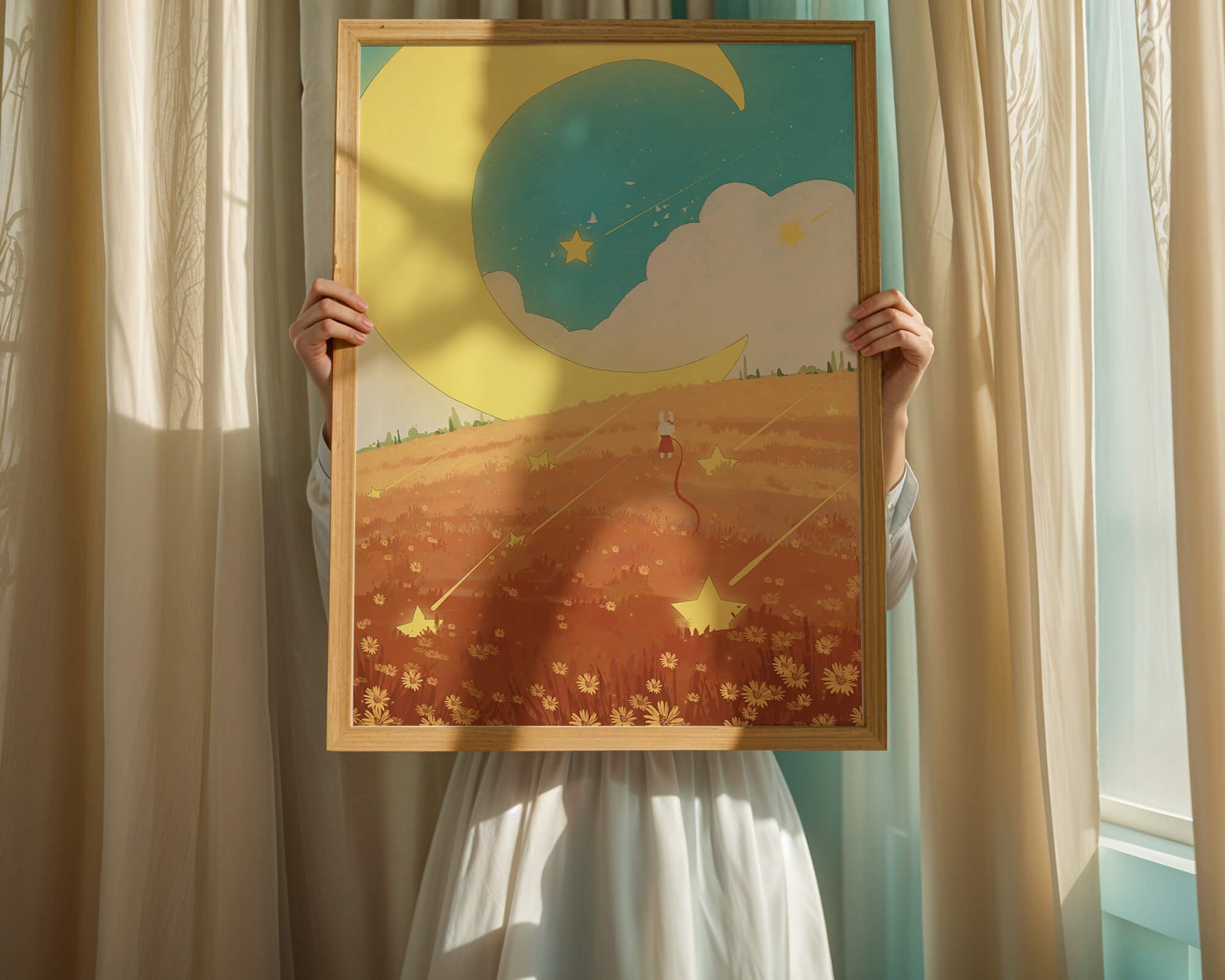 Dreamy Nighttime Landscape with Moon and Stars in a Field