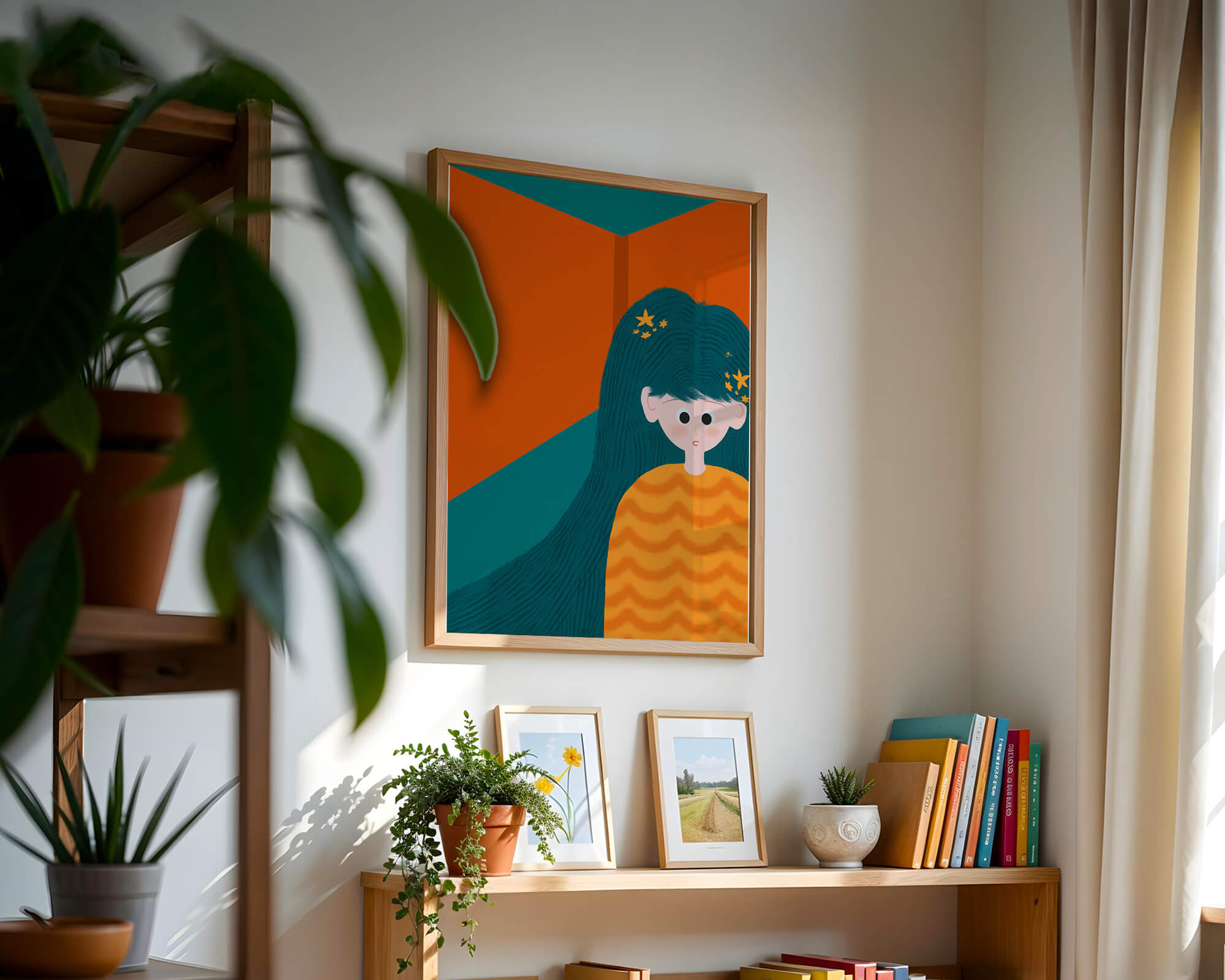 Colorful abstract illustration of a character with teal hair and orange background