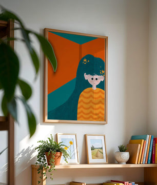 Colorful abstract illustration of a character with teal hair and orange background