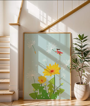 Whimsical illustration of a girl flying with dandelions in a colorful floral scene