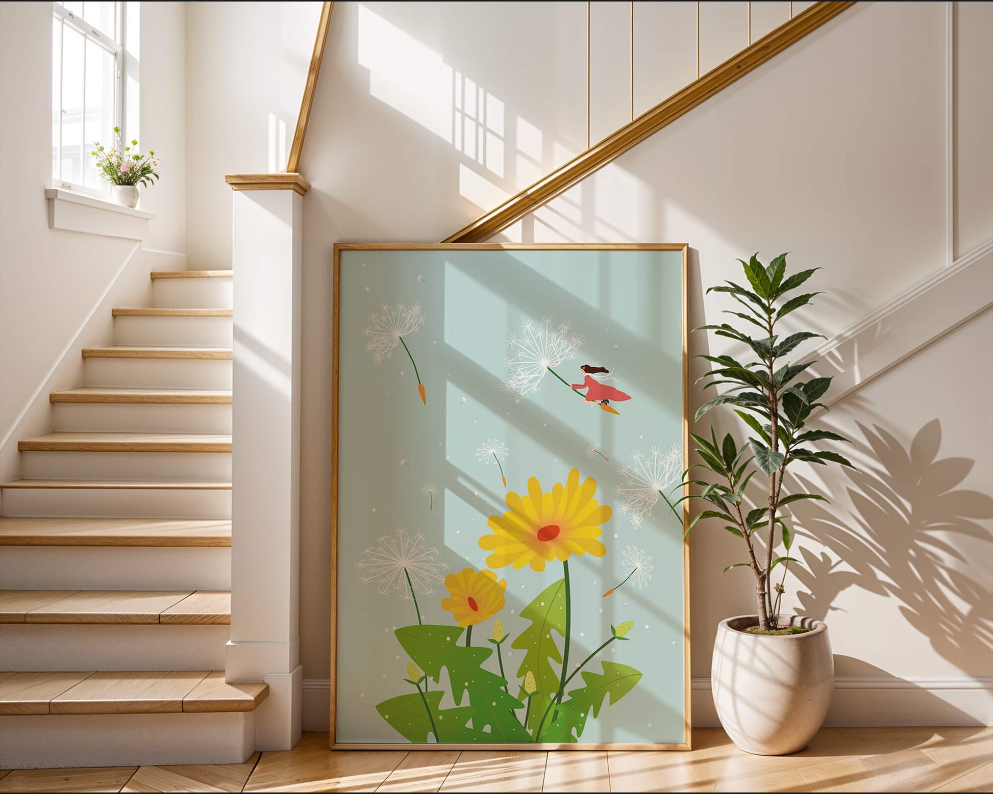 Whimsical illustration of a girl flying with dandelions in a colorful floral scene