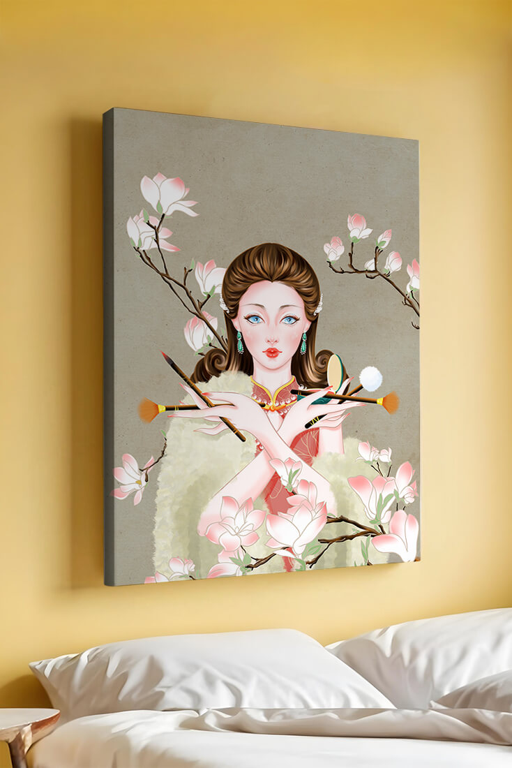 Elegant woman with makeup tools amidst blooming magnolia branches