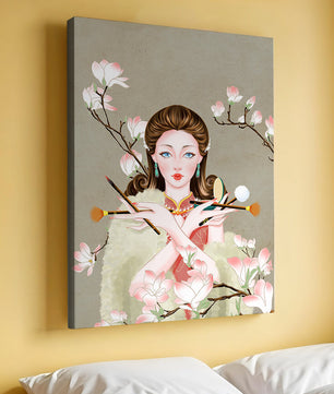 Femme élégante avec des outils de maquillage parmi des branches de magnolia en fleurs