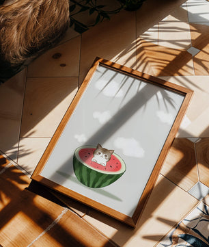 Whimsical art of a kitten in watermelon with clouds