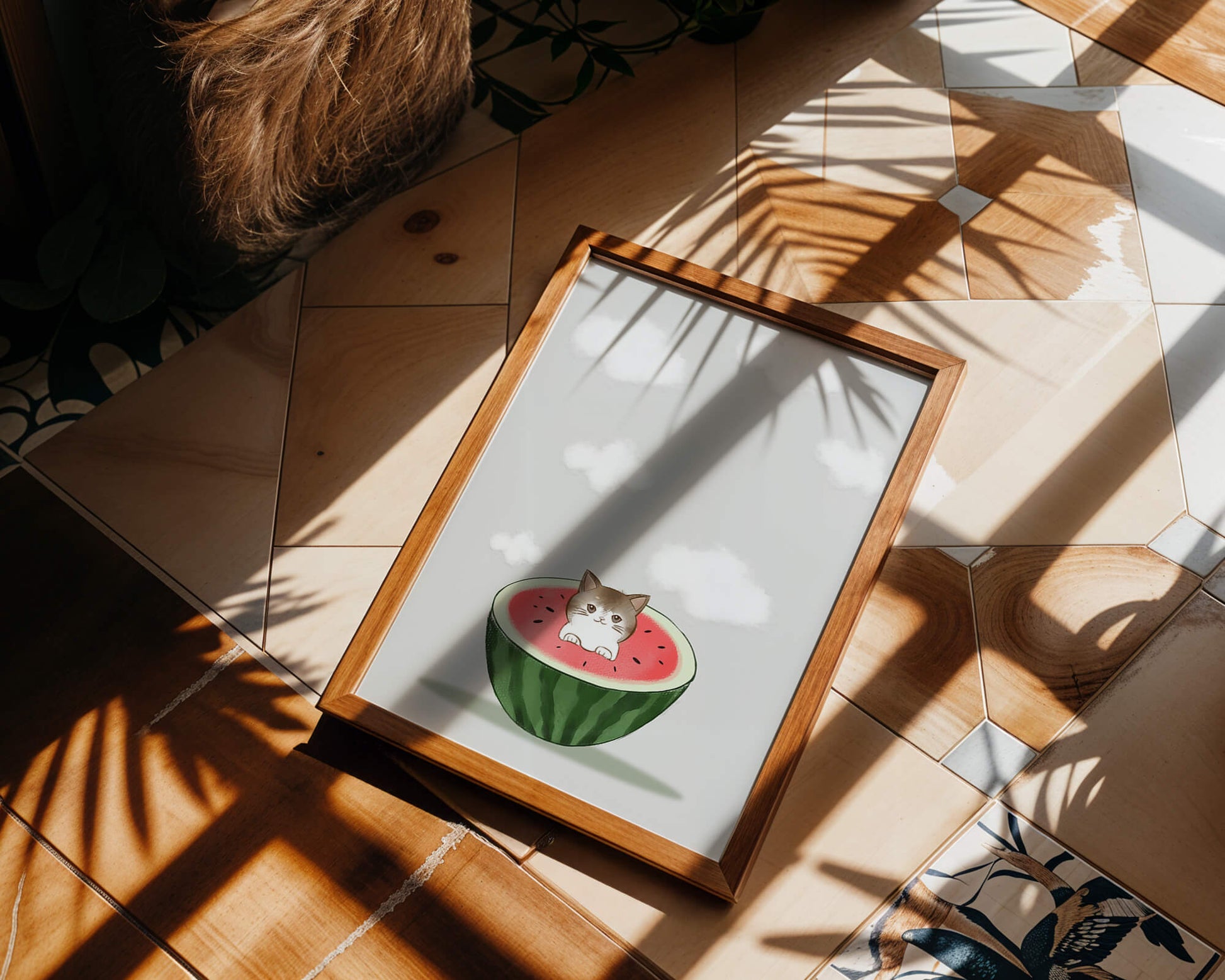 Whimsical art of a kitten in watermelon with clouds