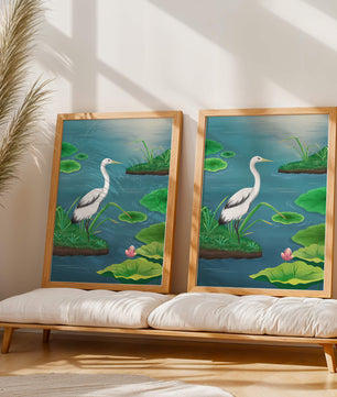 Serene wetland scene with white crane and water lilies