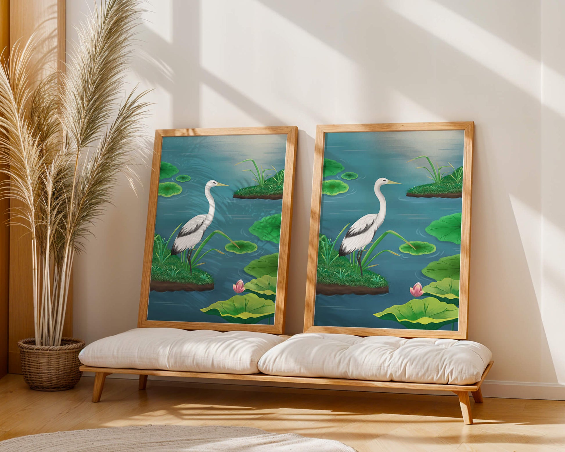 Serene wetland scene with white crane and water lilies