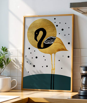 Ilustración elegante de flamenco dorado y negro con elementos de puntos abstractos