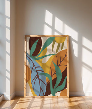 Abstract botanical design with colorful leaves and organic shapes