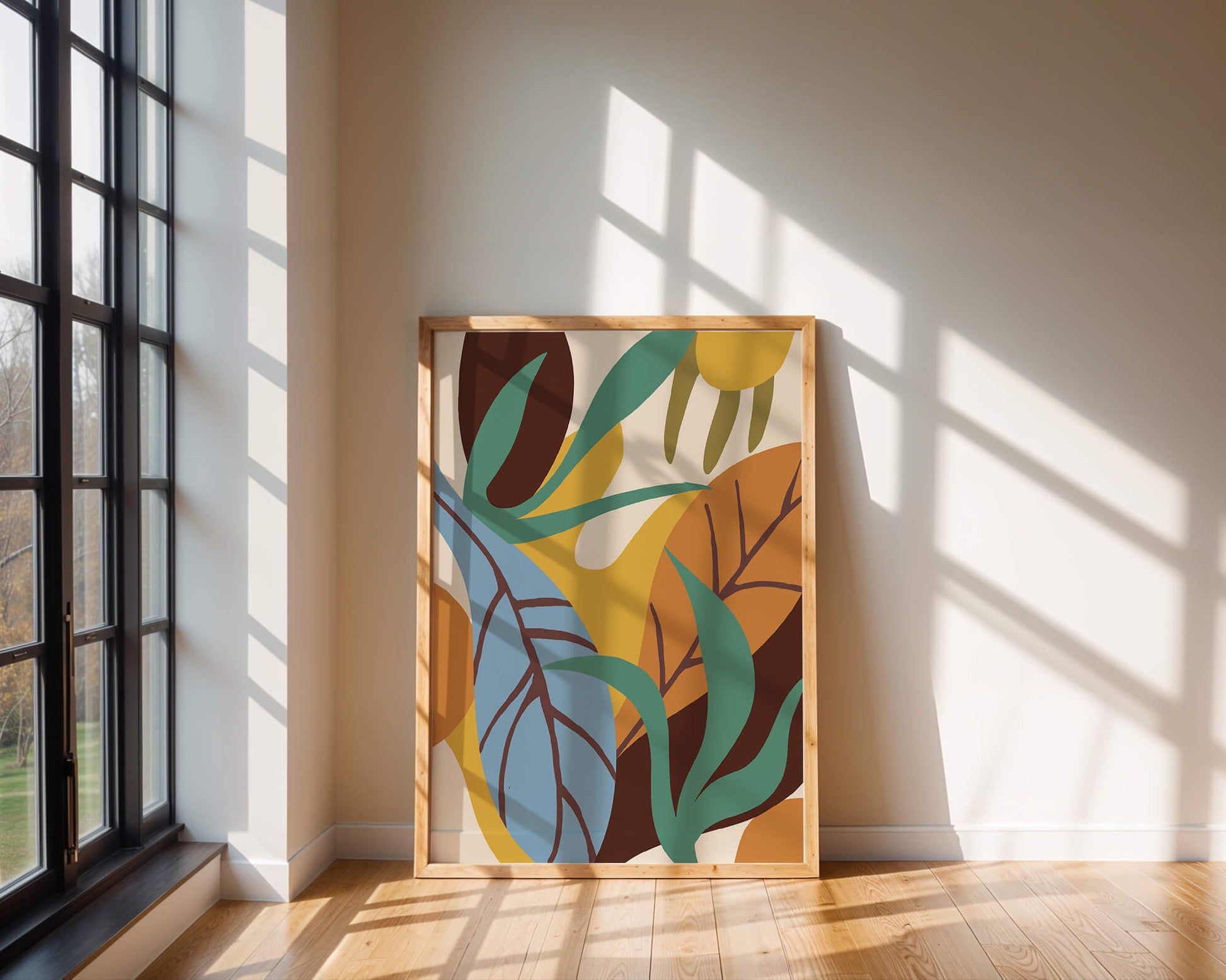 Abstract botanical design with colorful leaves and organic shapes