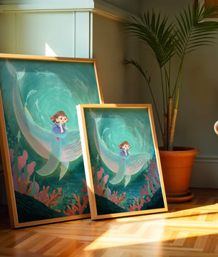 Underwater scene with child and whale surrounded by marine life