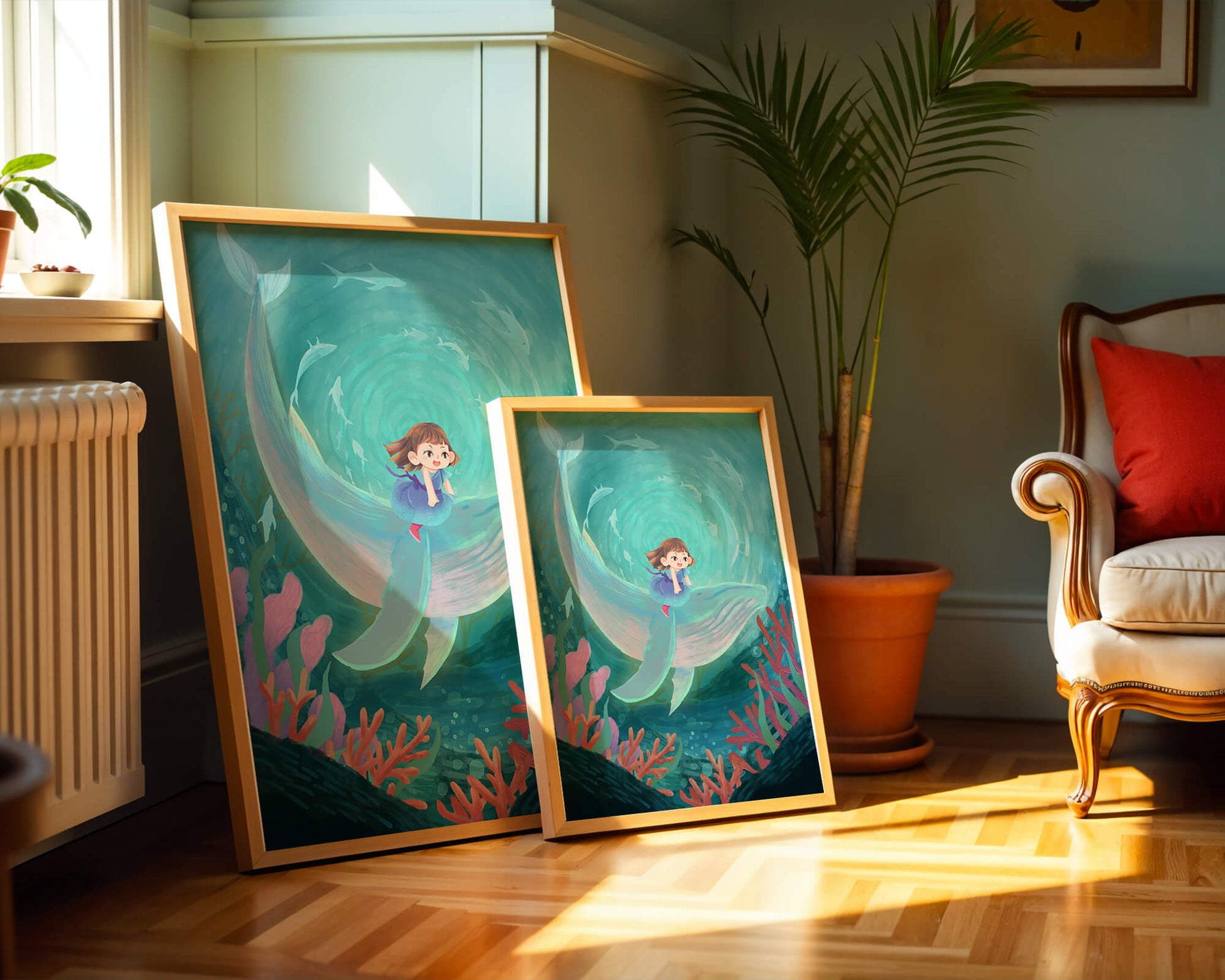 Underwater scene with child and whale surrounded by marine life