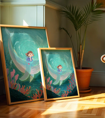 Underwater scene with child and whale surrounded by marine life