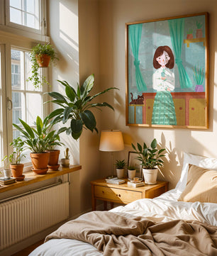 Charming Illustration of Woman and Cat in Cozy Living Room
