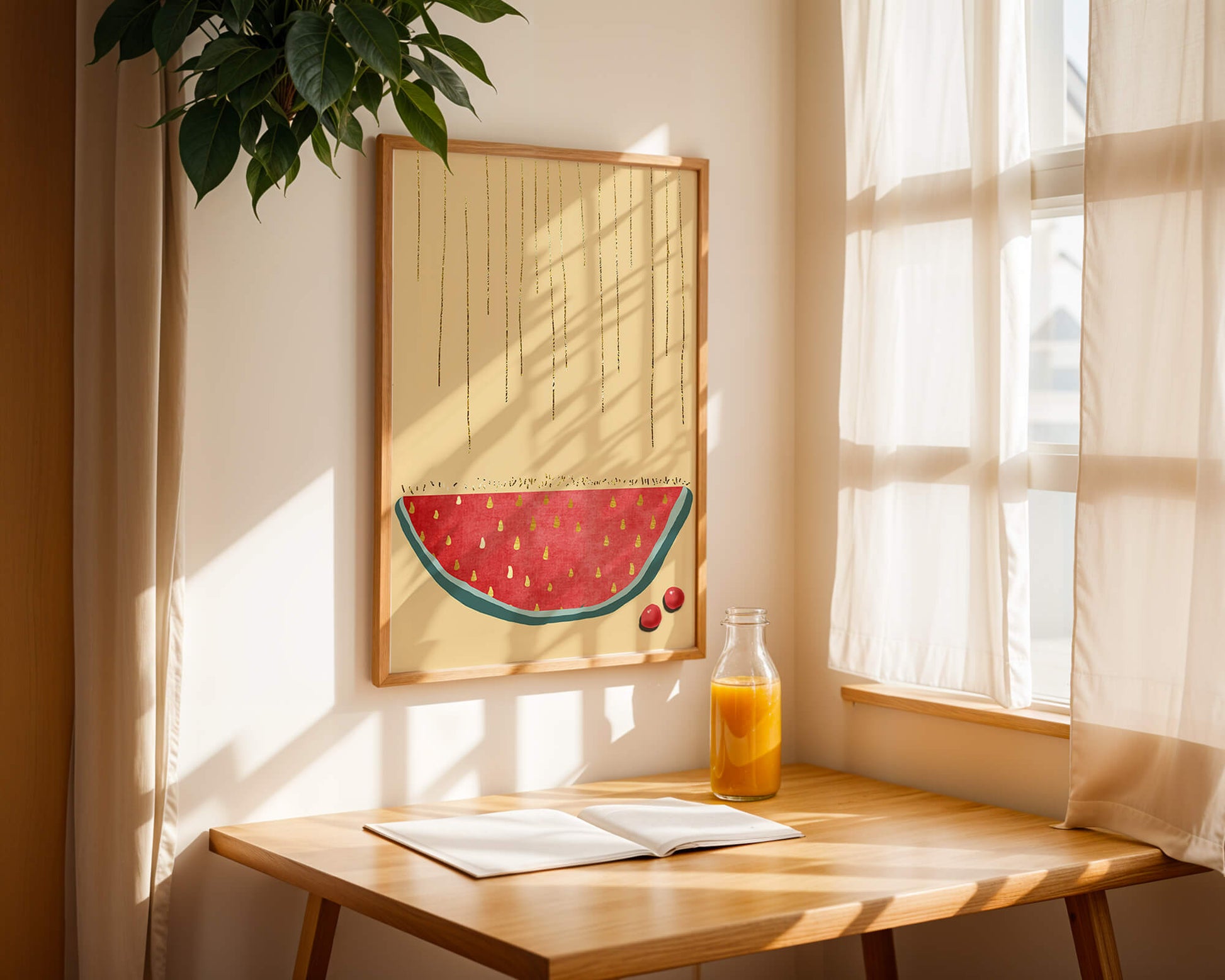 Abstract Watermelon Slice with Gold Accents on Minimalist Background