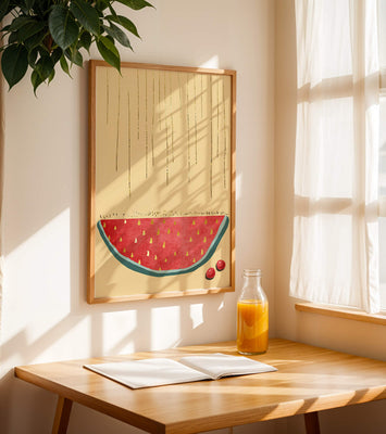 Abstract Watermelon Slice with Gold Accents on Minimalist Background