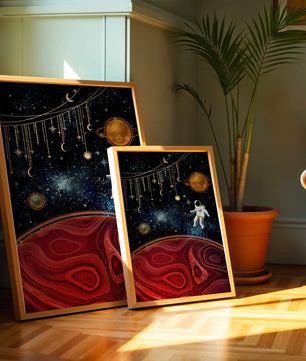 Escena espacial surrealista con astronauta y elementos celestiales