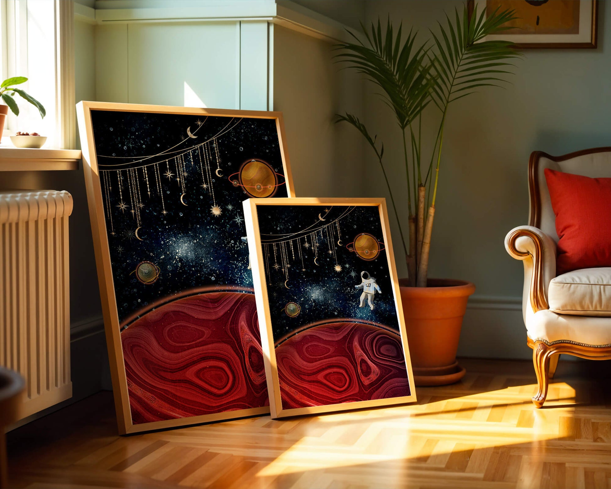 Surreal space scene with astronaut and celestial elements