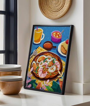 Escena ilustrativa de desayuno colorida con pasta y bebidas