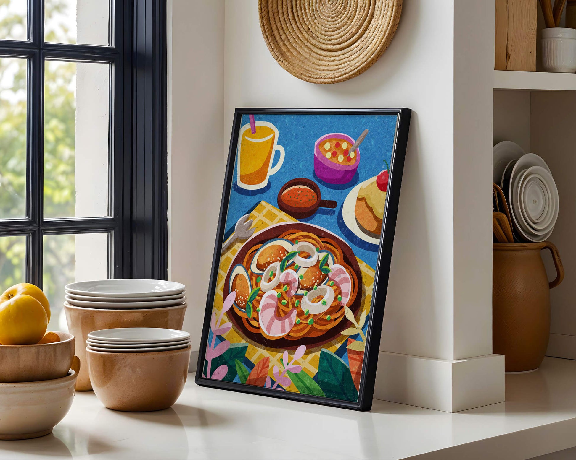 Colorful Illustrative Breakfast Scene with Pasta and Drinks