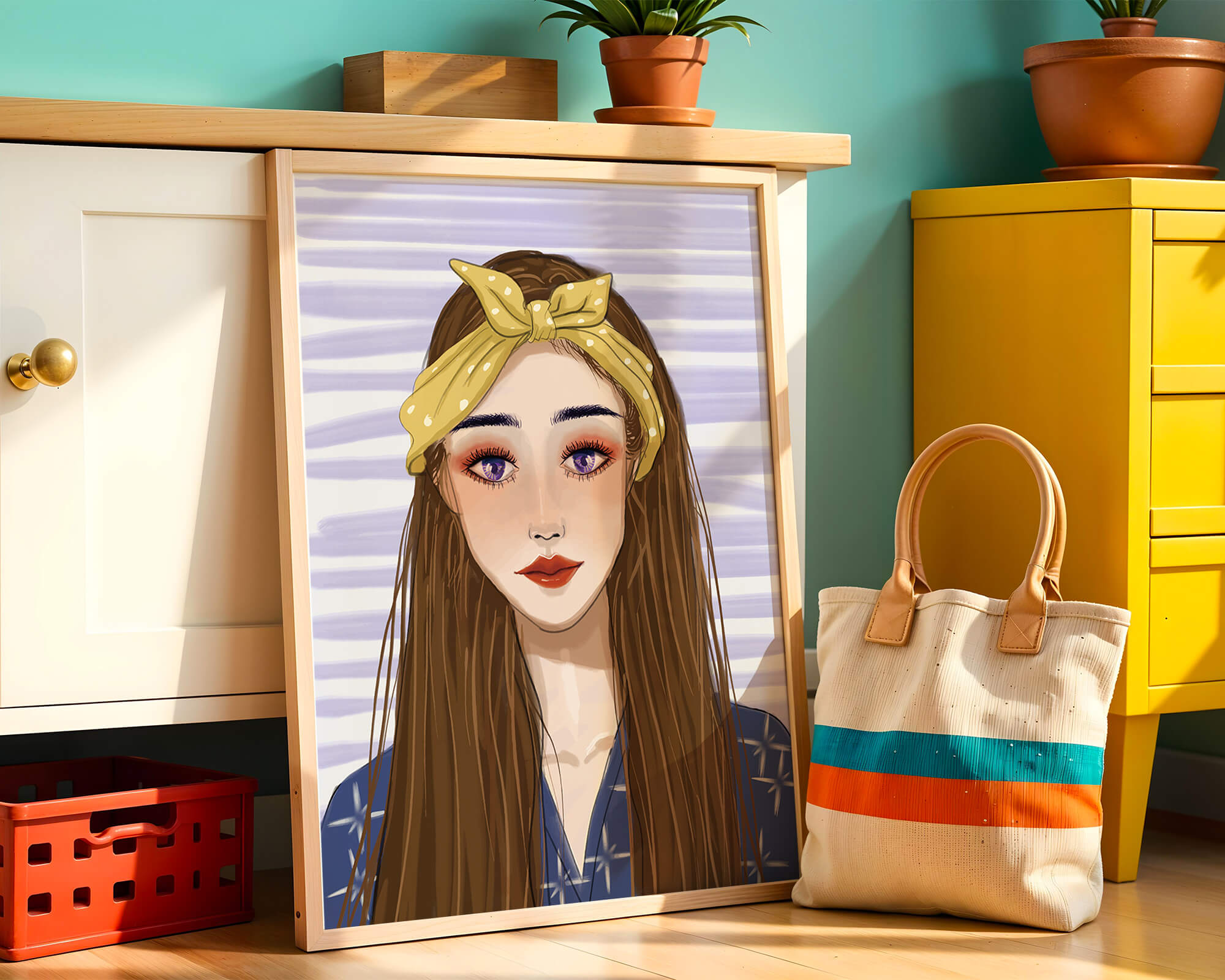 Illustration of a woman with a yellow headband against a striped background