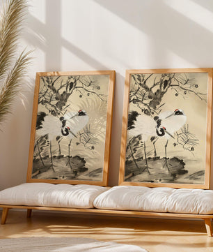 Traditional Japanese Painting of Cranes with Pine Tree and Gold Details