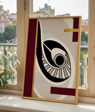 Arte geométrico abstracto con motivo de ojo y detalles dorados