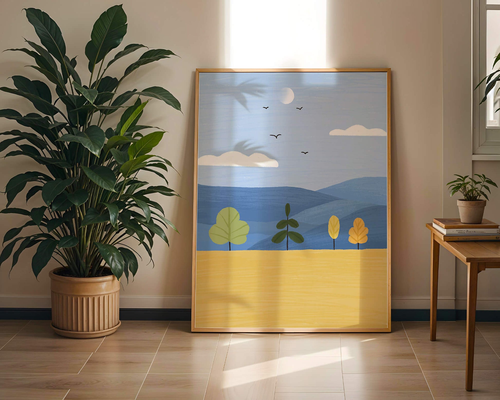 Paisaje colorido con árboles y aves en un campo sereno