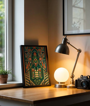 Design géométrique abstrait inspiré de l’Art déco avec des motifs symétriques et un motif animal