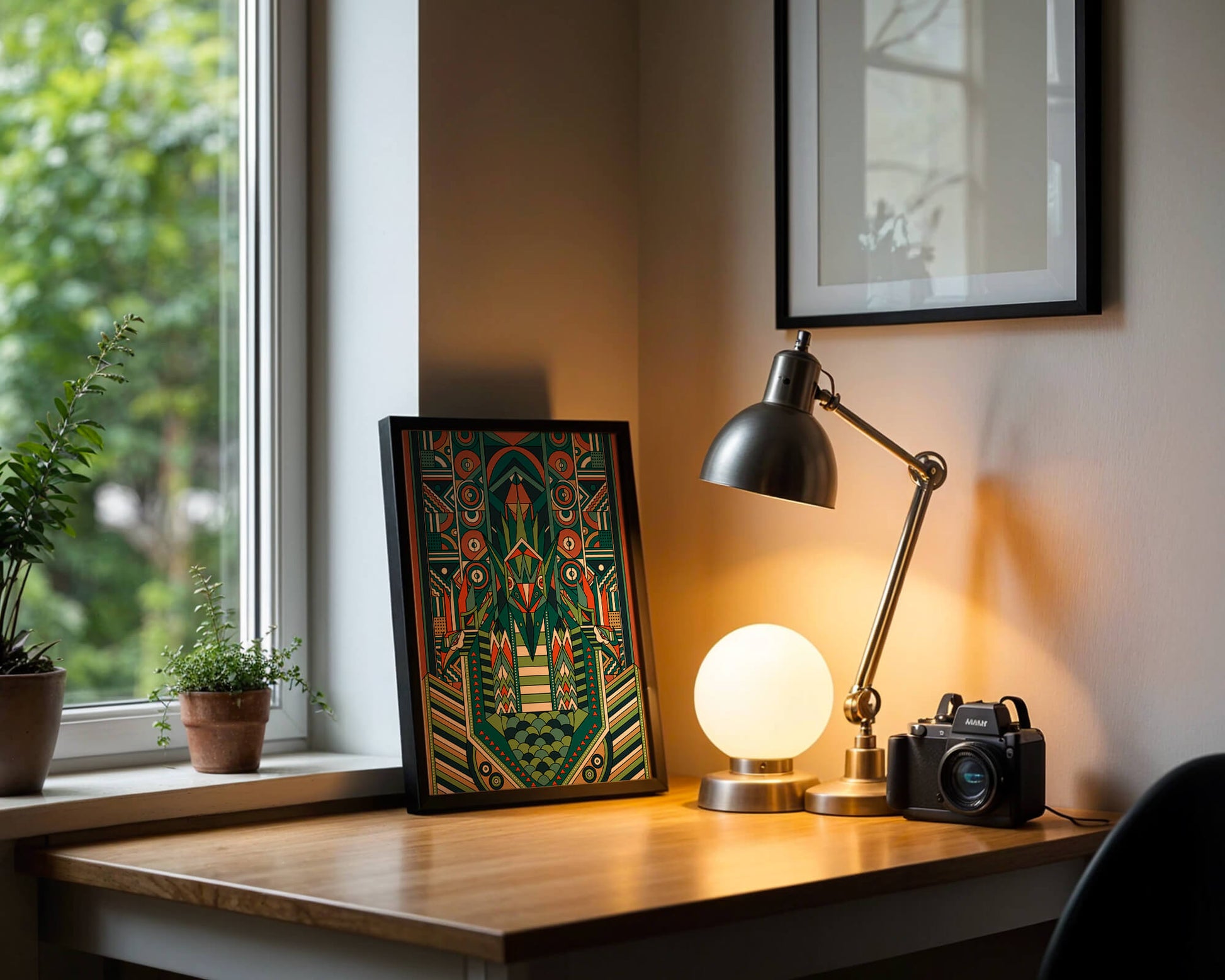 Art Deco Inspired Abstract Geometric Design with Symmetrical Patterns and Animal Motif