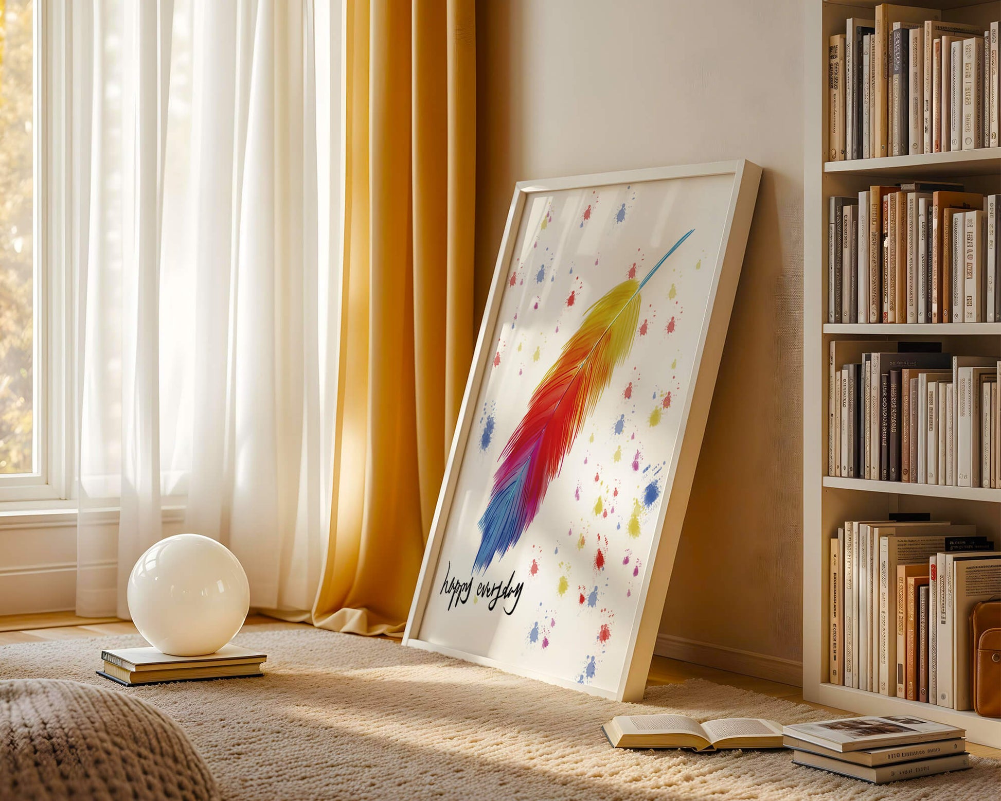 Colorful feather with inspirational message on abstract paint splatter background