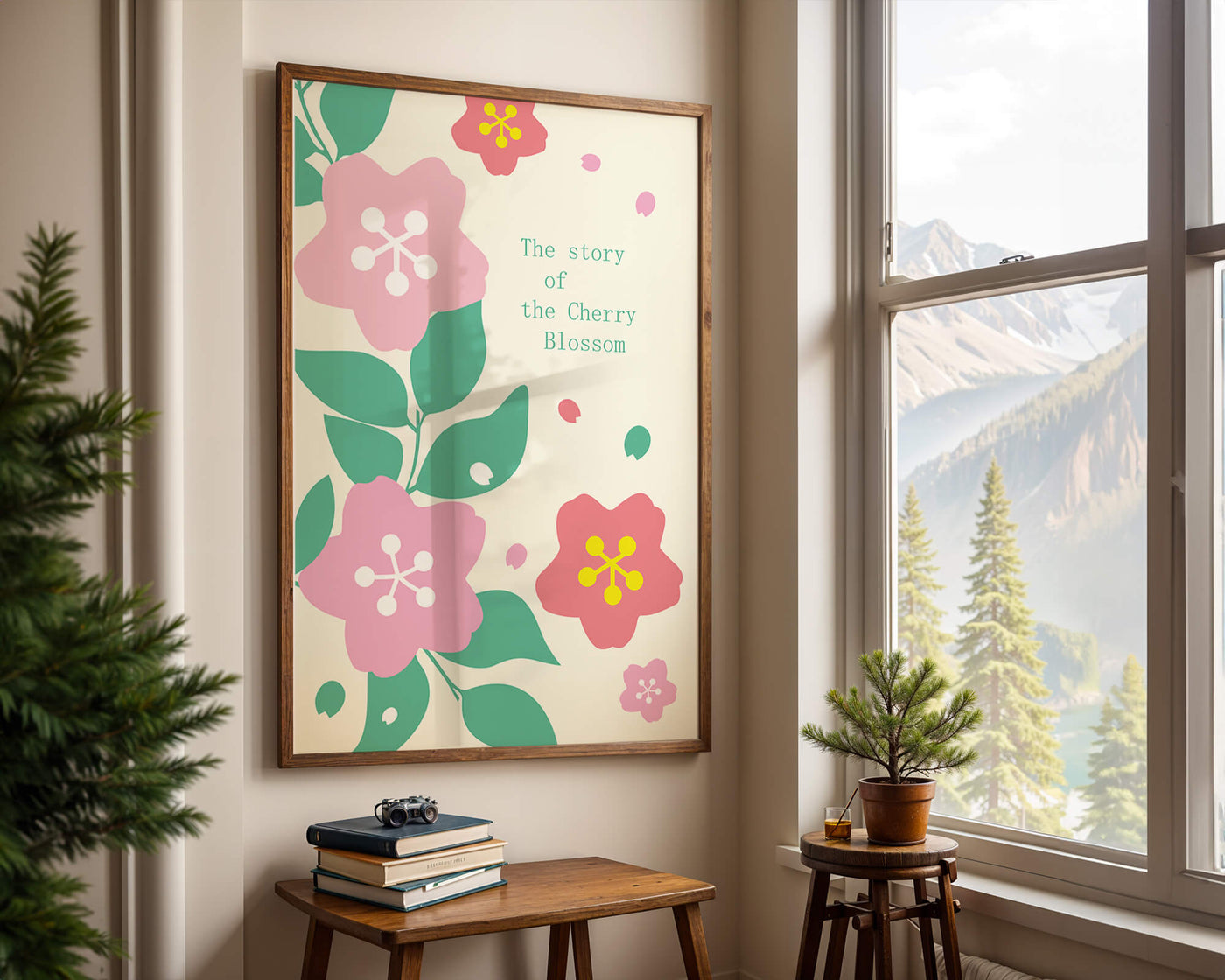 Floral illustration with cherry blossoms and green leaves