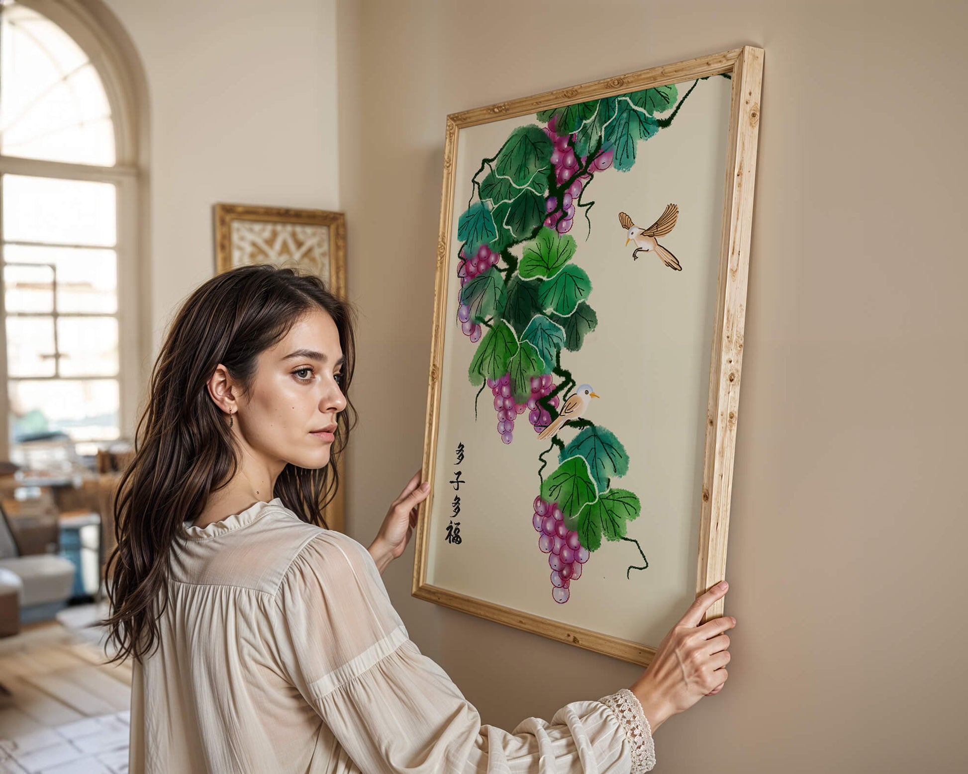 Watercolor grapevine and birds illustration with traditional art style