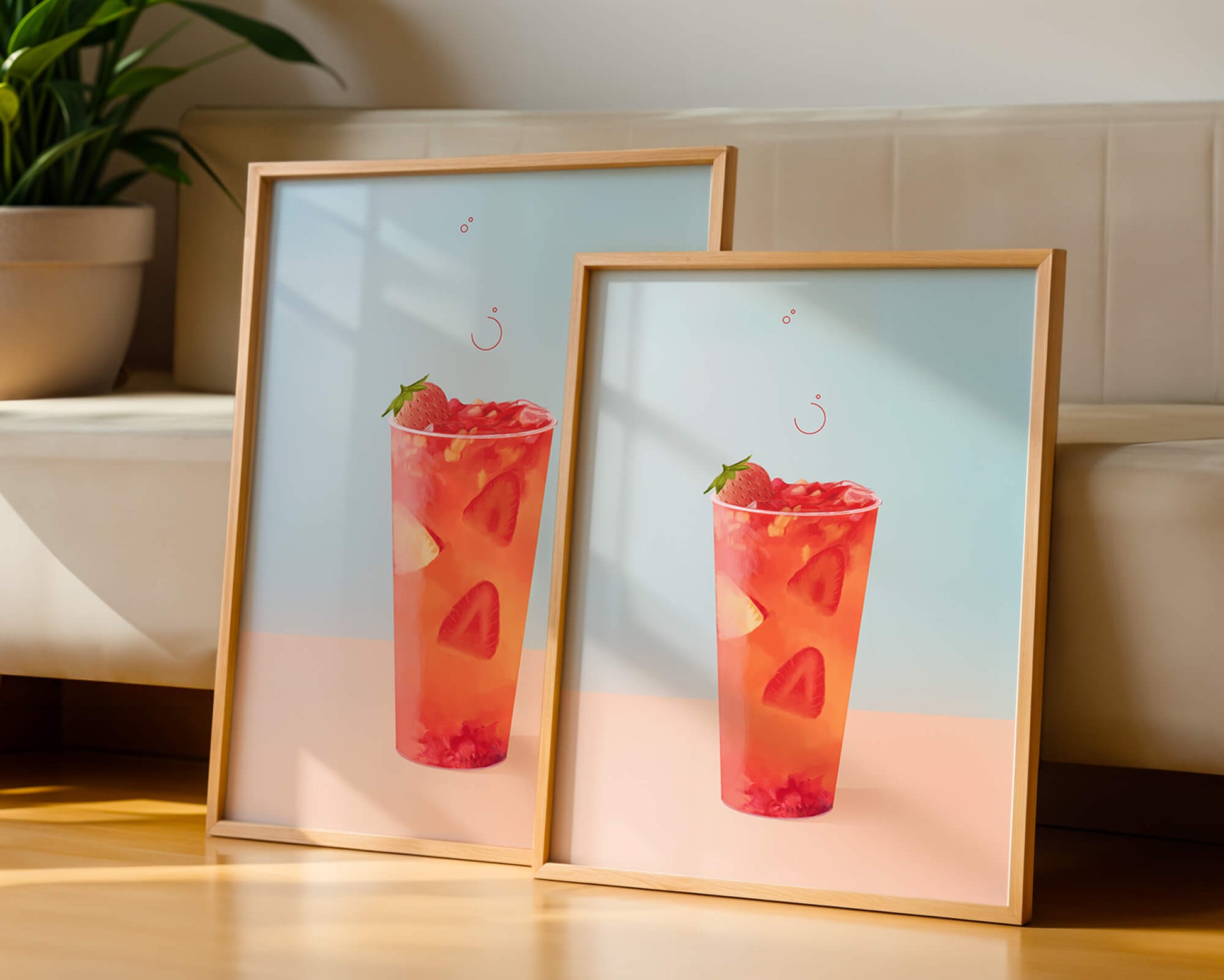 Refreshing strawberry drink with floating slices on pastel background