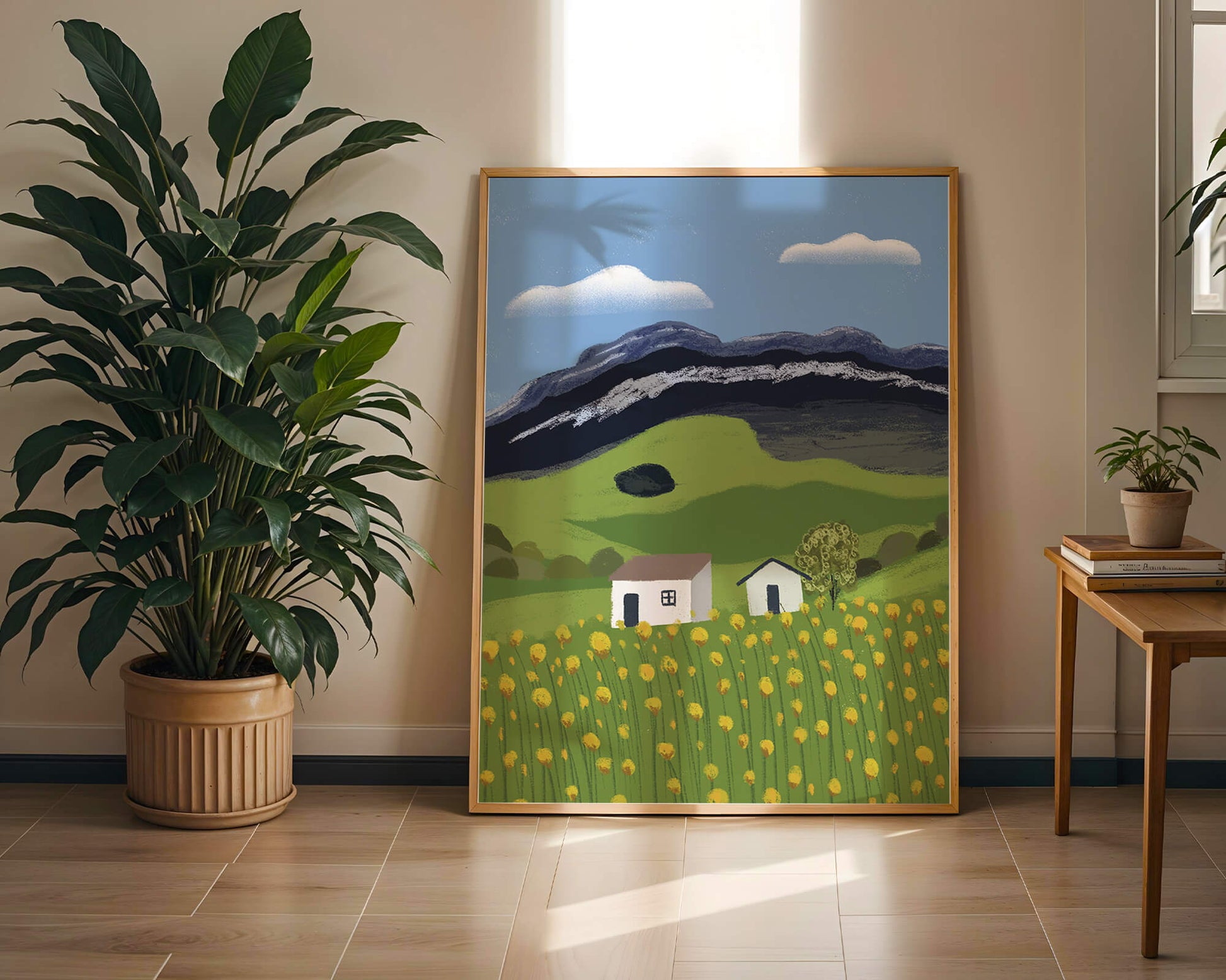 Peaceful Rural Landscape with Houses and Yellow Flowers under Blue Sky