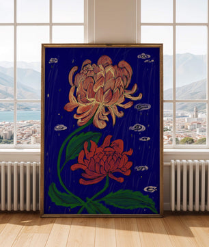 Colorful chrysanthemum illustration on dark blue background