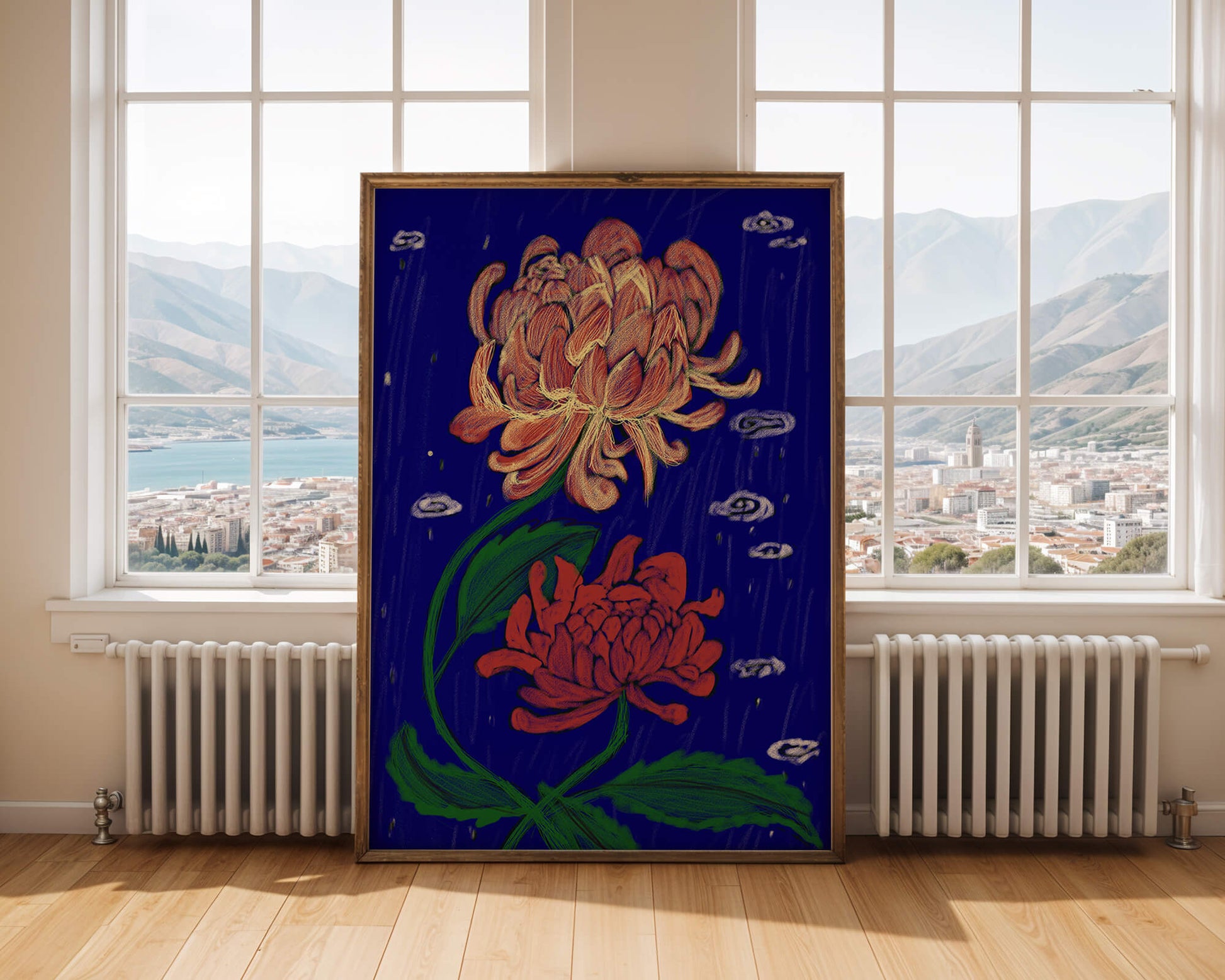 Colorful chrysanthemum illustration on dark blue background