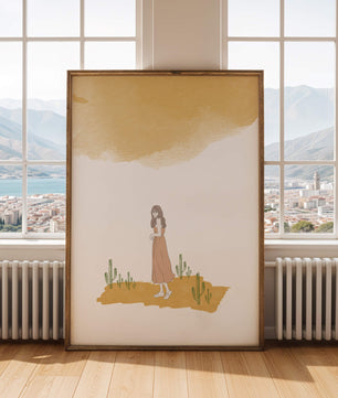 Fille en robe rose debout parmi des cactus sous un ciel aquarelle