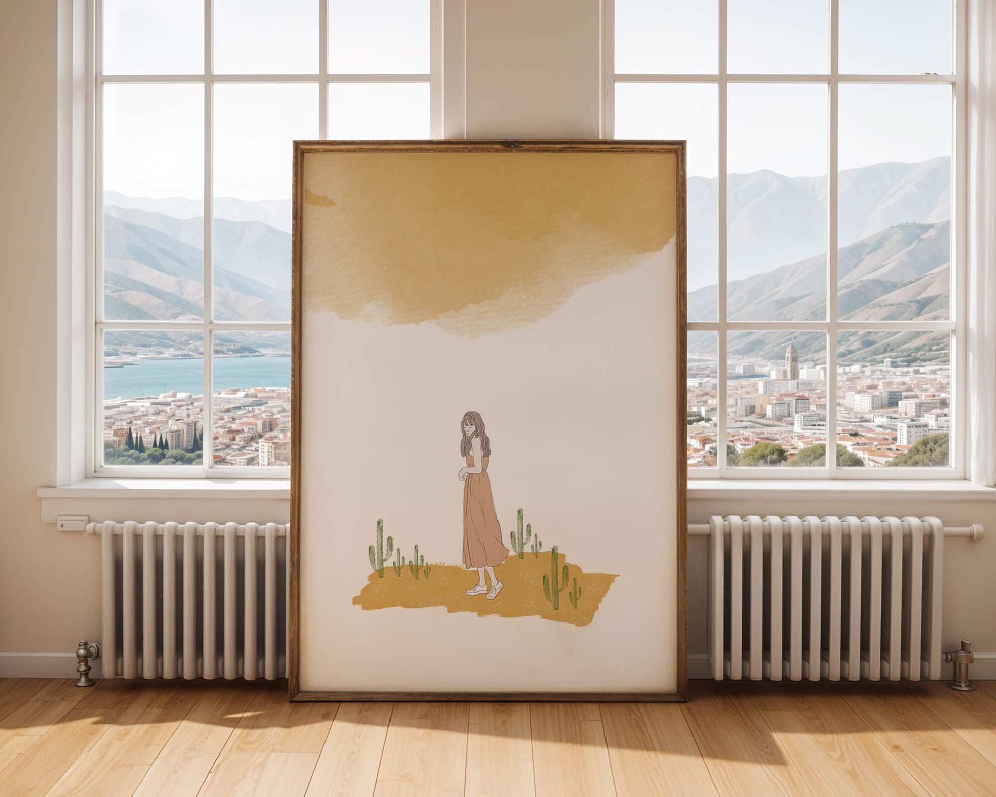 Fille en robe rose debout parmi des cactus sous un ciel aquarelle